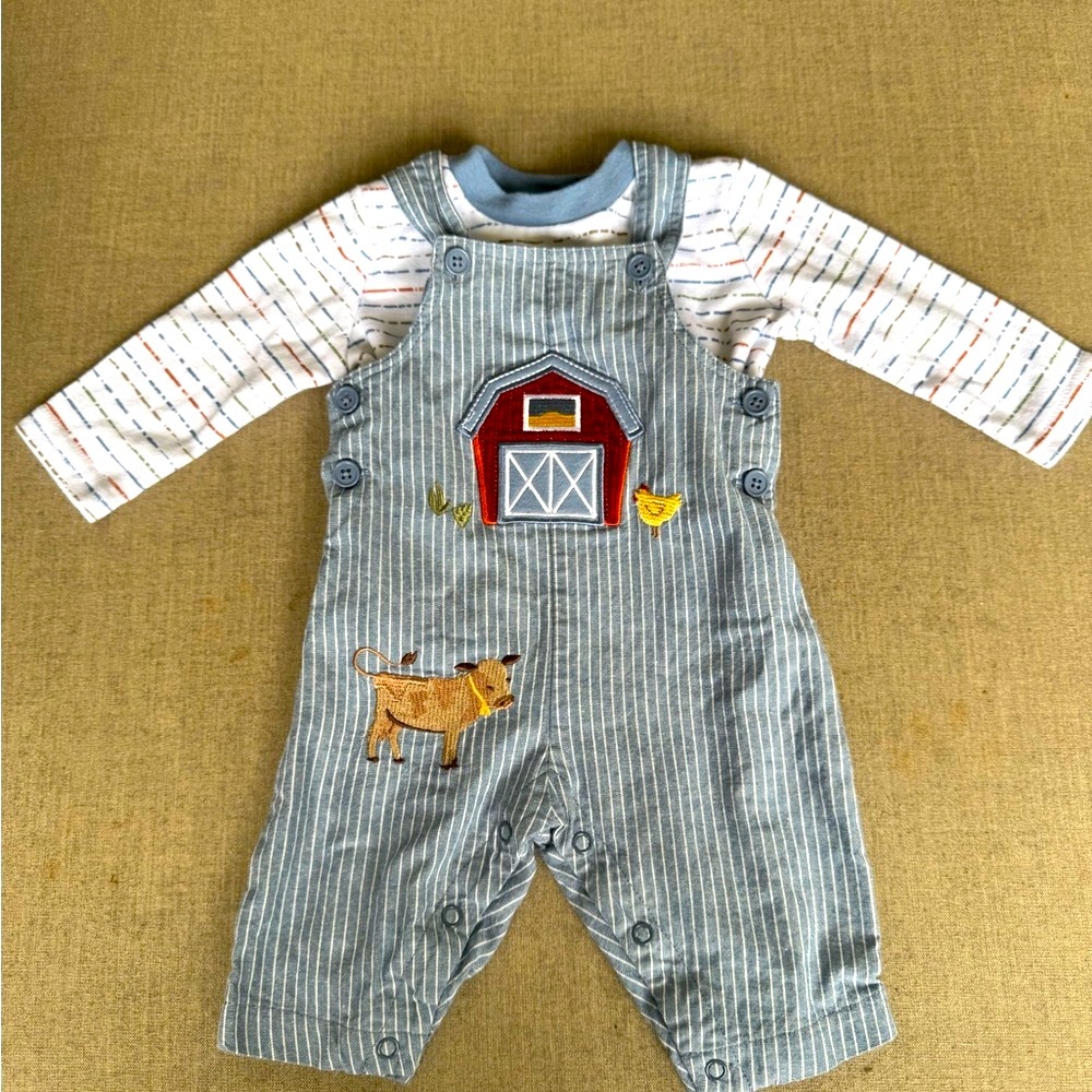 Baby Essentials, Striped Overalls with Barnyard Design, Size 3 Months Bundle